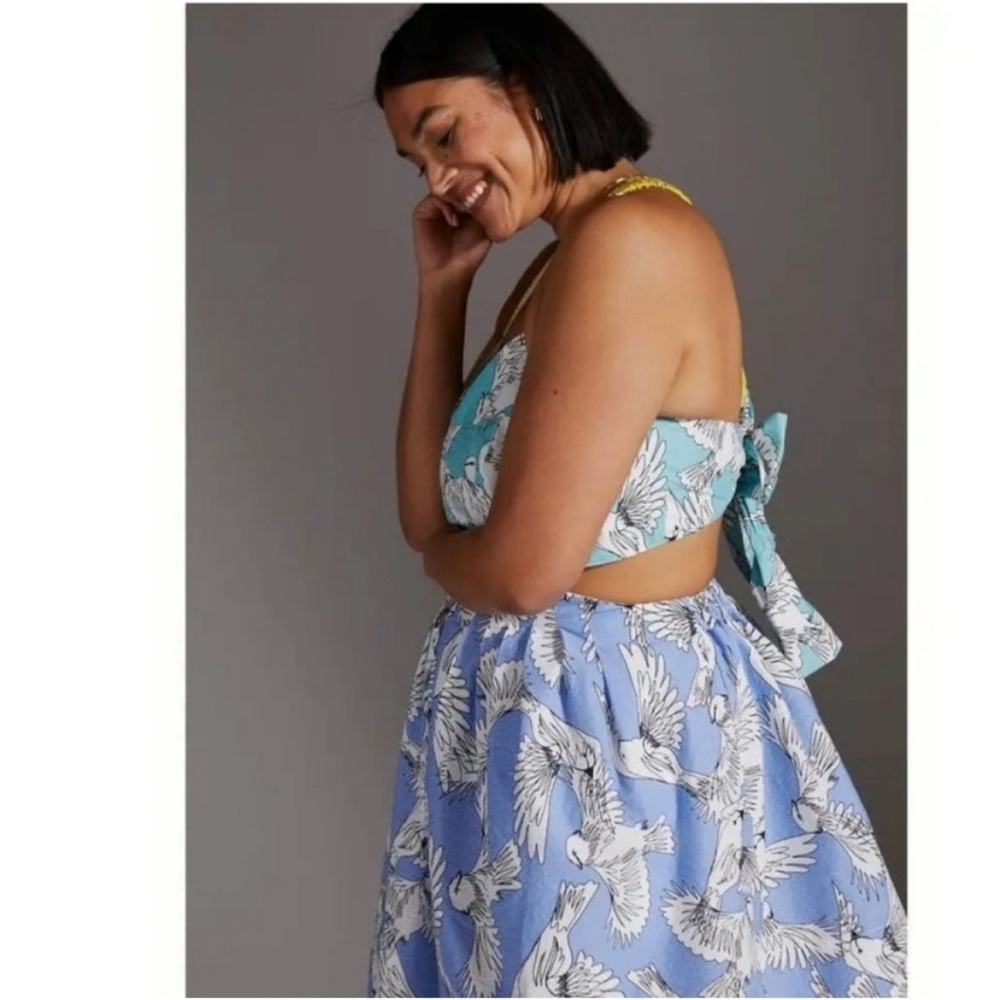 Anthropologie Maeve Tropical Bird Print Cutout Tie Back Mini Dress 2 - Picture 15 of 16